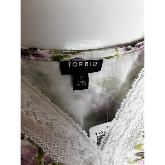 Torrid Size 2X Peplum Chiffon Clip Dot Lace‎ Inset Top White Pink Floral V Neck - Picture 6 of 14